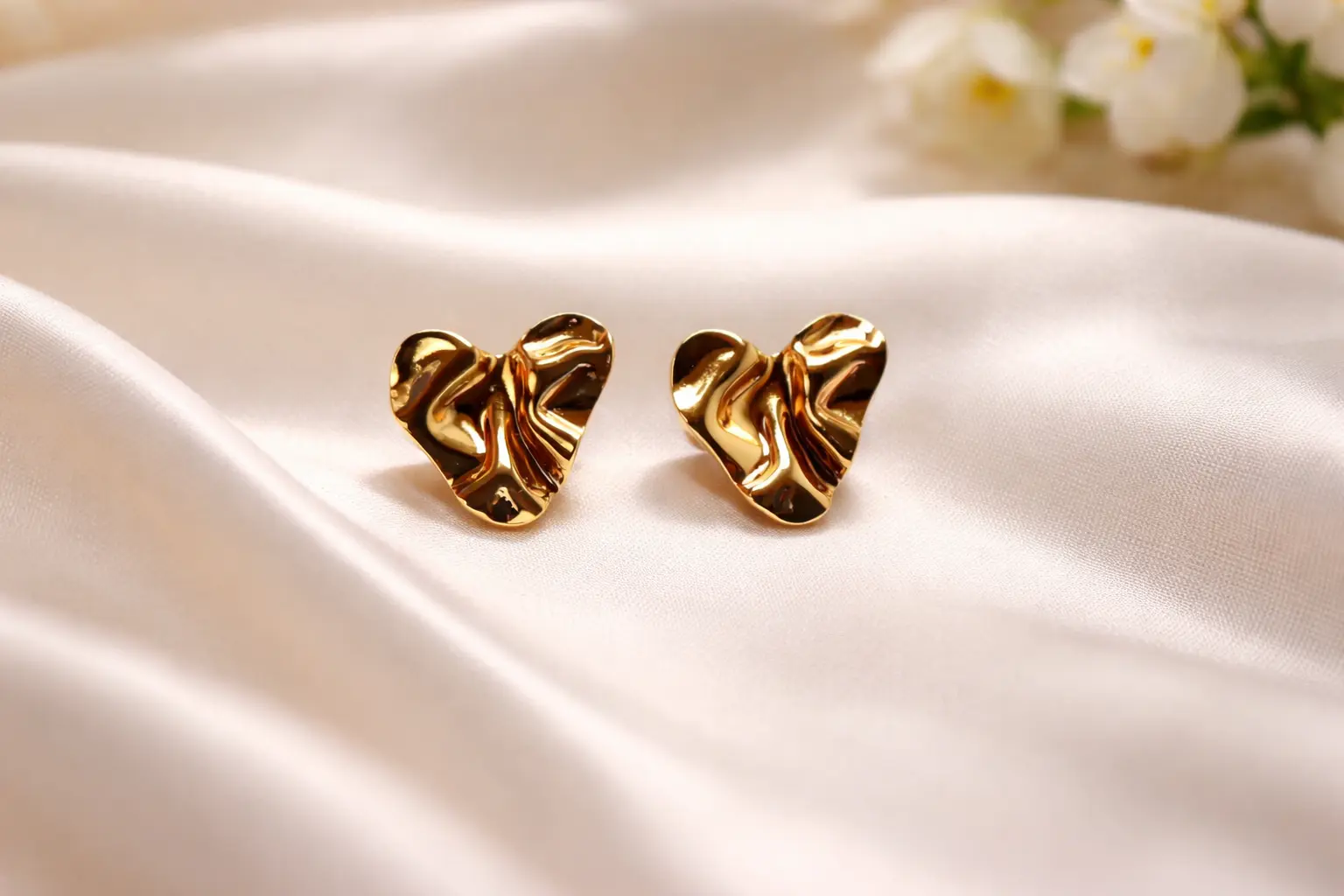 Gold Plated Abstract Crumpled Heart Earrings – Organic Liquid Gold Design in Stainless Steel